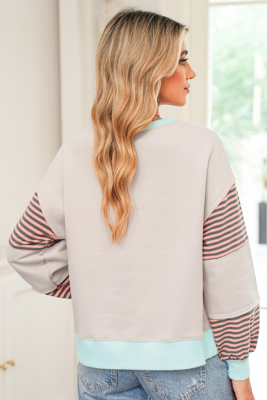Color Block Patchwork Striped Sleeve Sweatshirt- 3 Colors