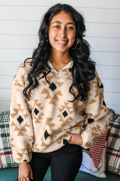 Khaki Geometric Print Sherpa Quarter Zip Collar Sweatshirt