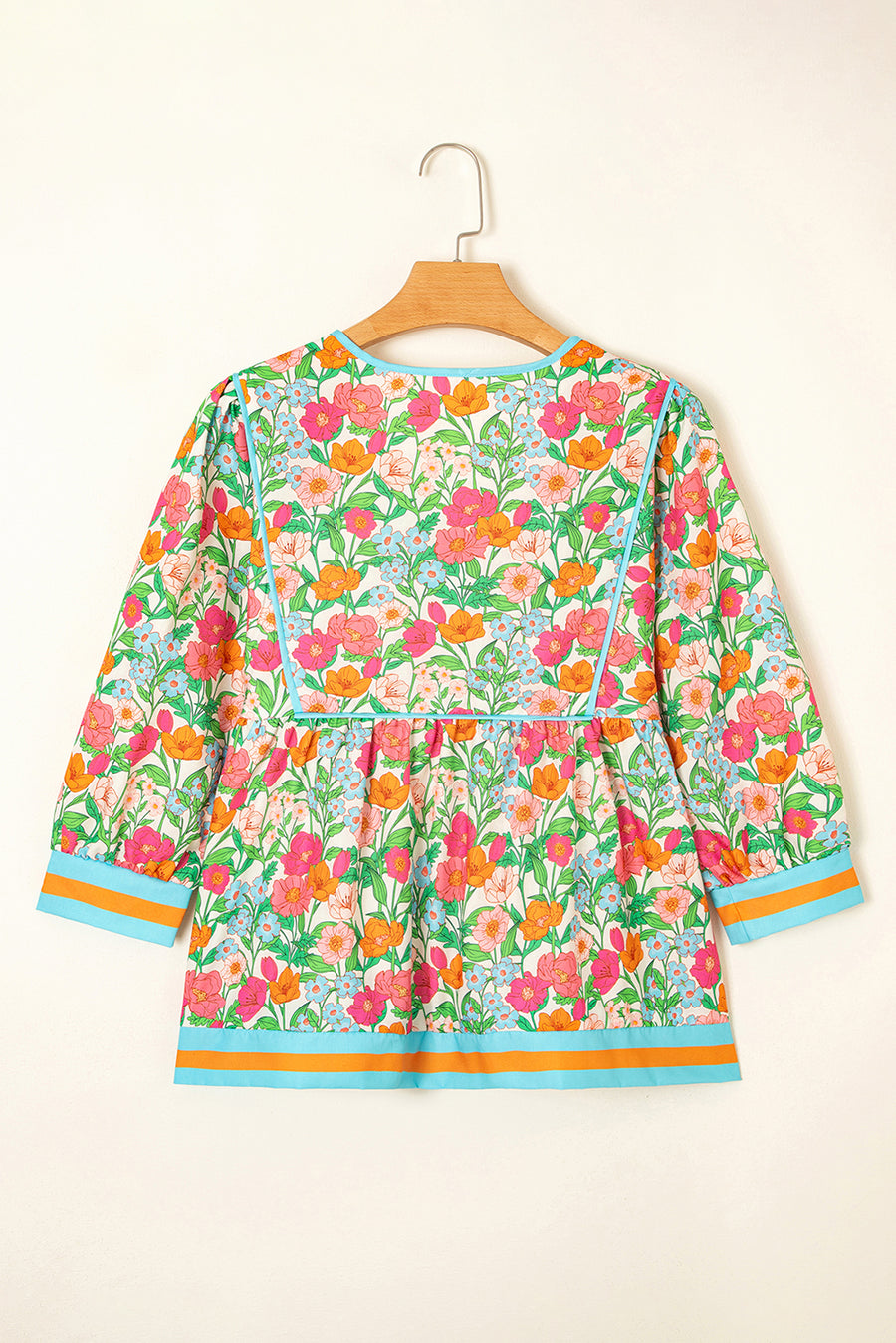 Green Floral Striped Trim Lantern Sleeve Tie Neck Blouse