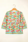 Green Floral Striped Trim Lantern Sleeve Tie Neck Blouse