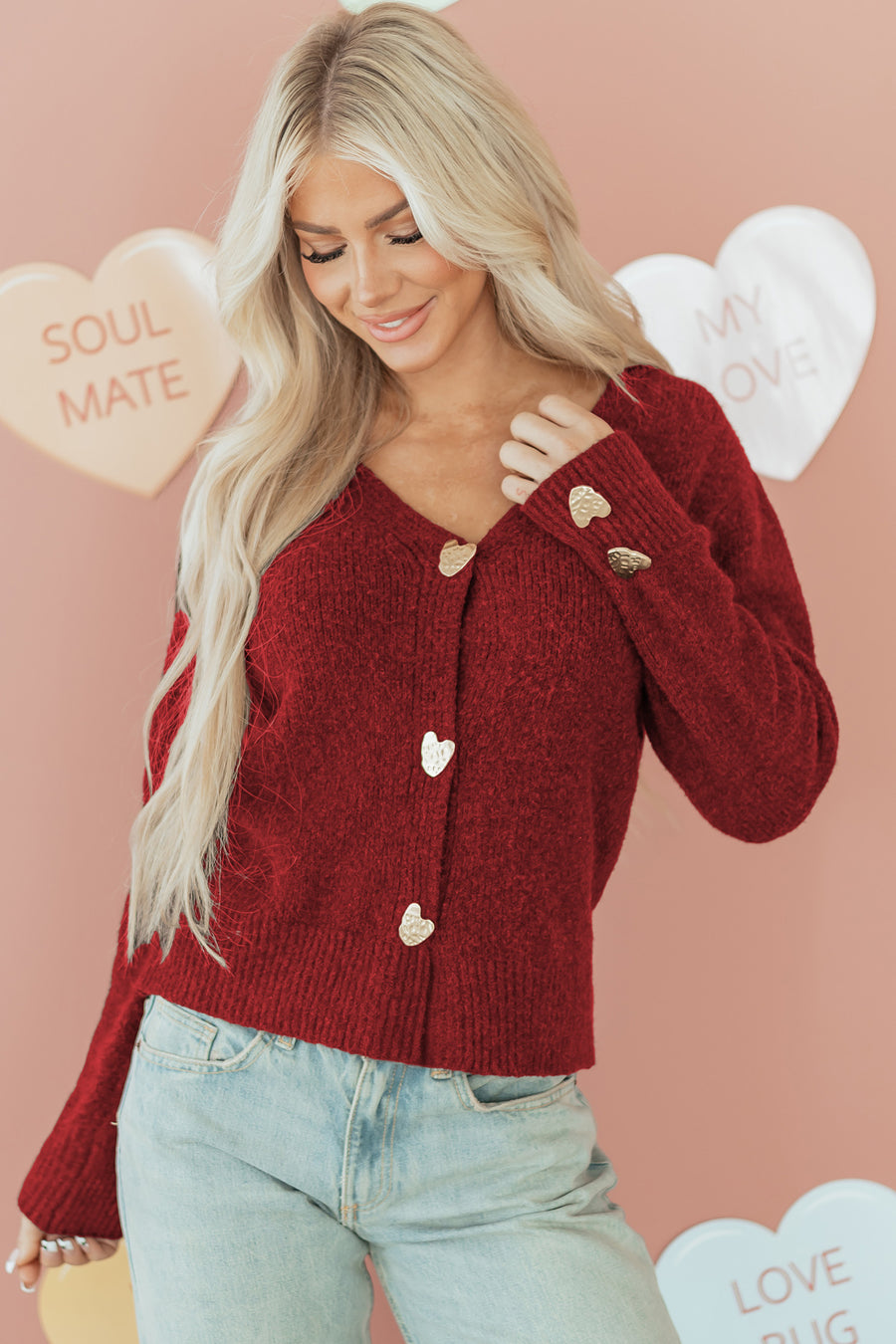 Red Heart Metal Button V-Neck Cardigan
