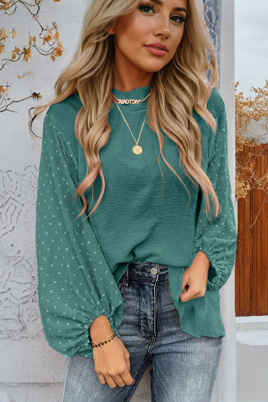 Spearmint Swiss Dot Mock Neck Balloon Sleeve Blouse
