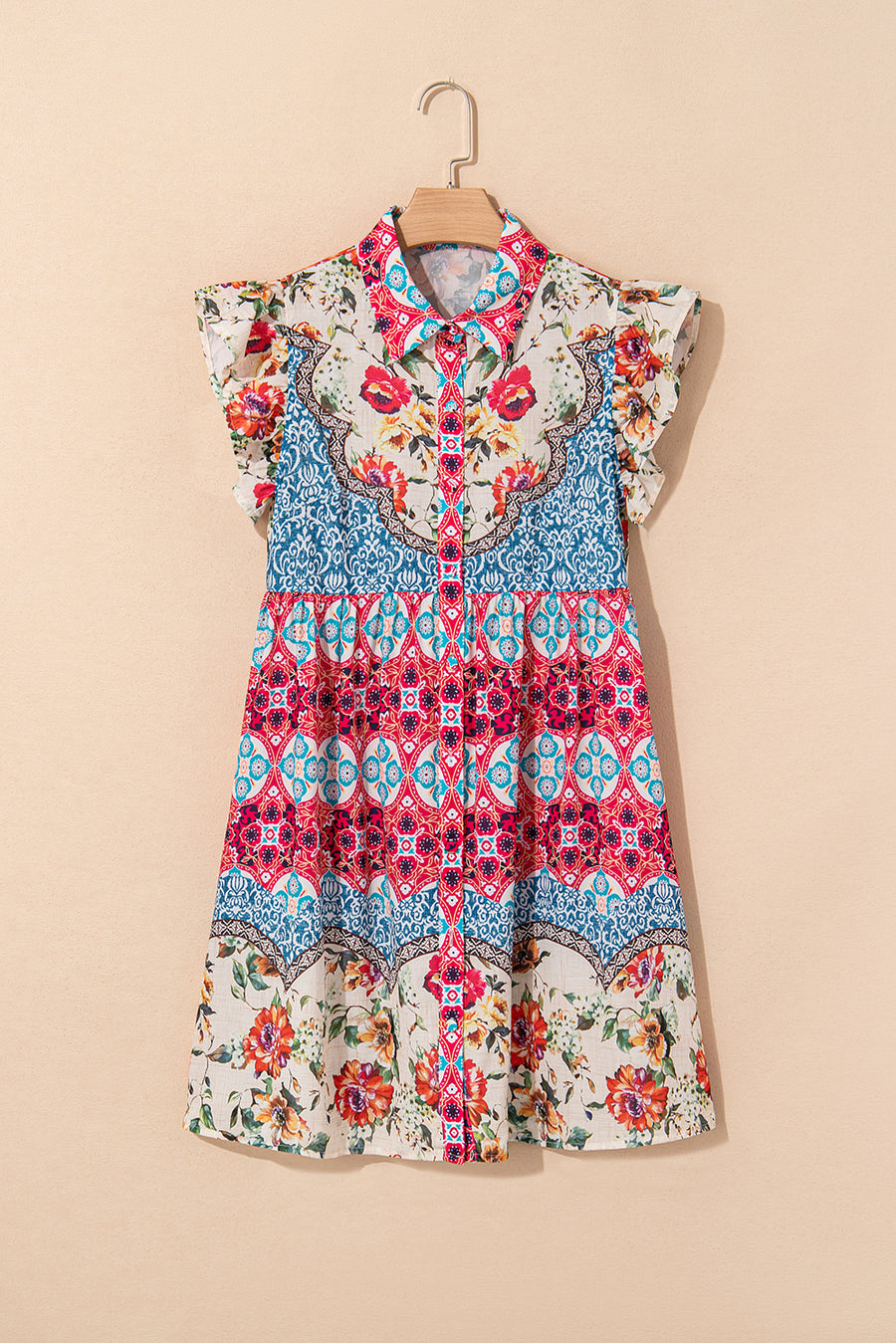 Multicolored Bohemian Floral Collared Ruffle Sleeve Button-Up Mini Dress