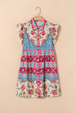 Multicolored Bohemian Floral Collared Ruffle Sleeve Button-Up Mini Dress