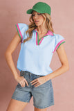 Baby Blue Collared V-Neck Ruffle Sleeve Blouse