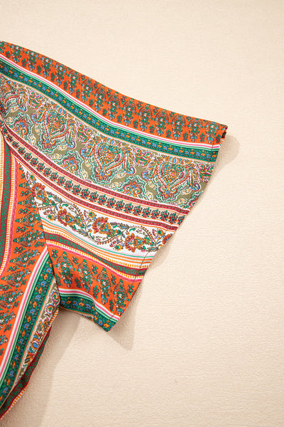 Red Bohemian Floral Print Buttoned V Neck Ruffle Tiered Dress