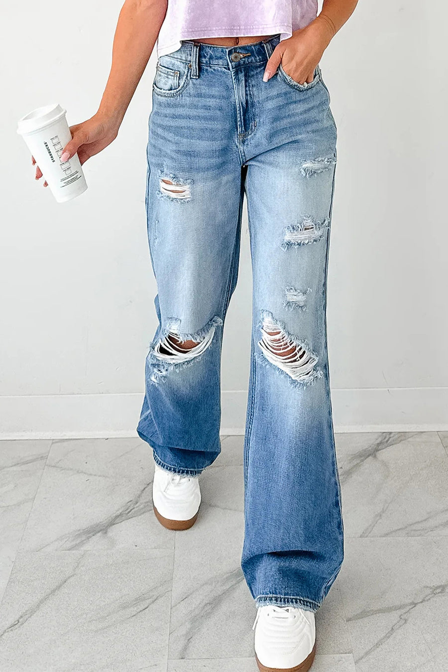 Medium Blue Mid-Rise Distressed Straight Leg Jeans
