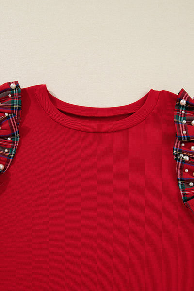 Plus Size Racing Red Plaid Pearl Ruffled Sleeve Knit Holiday Top
