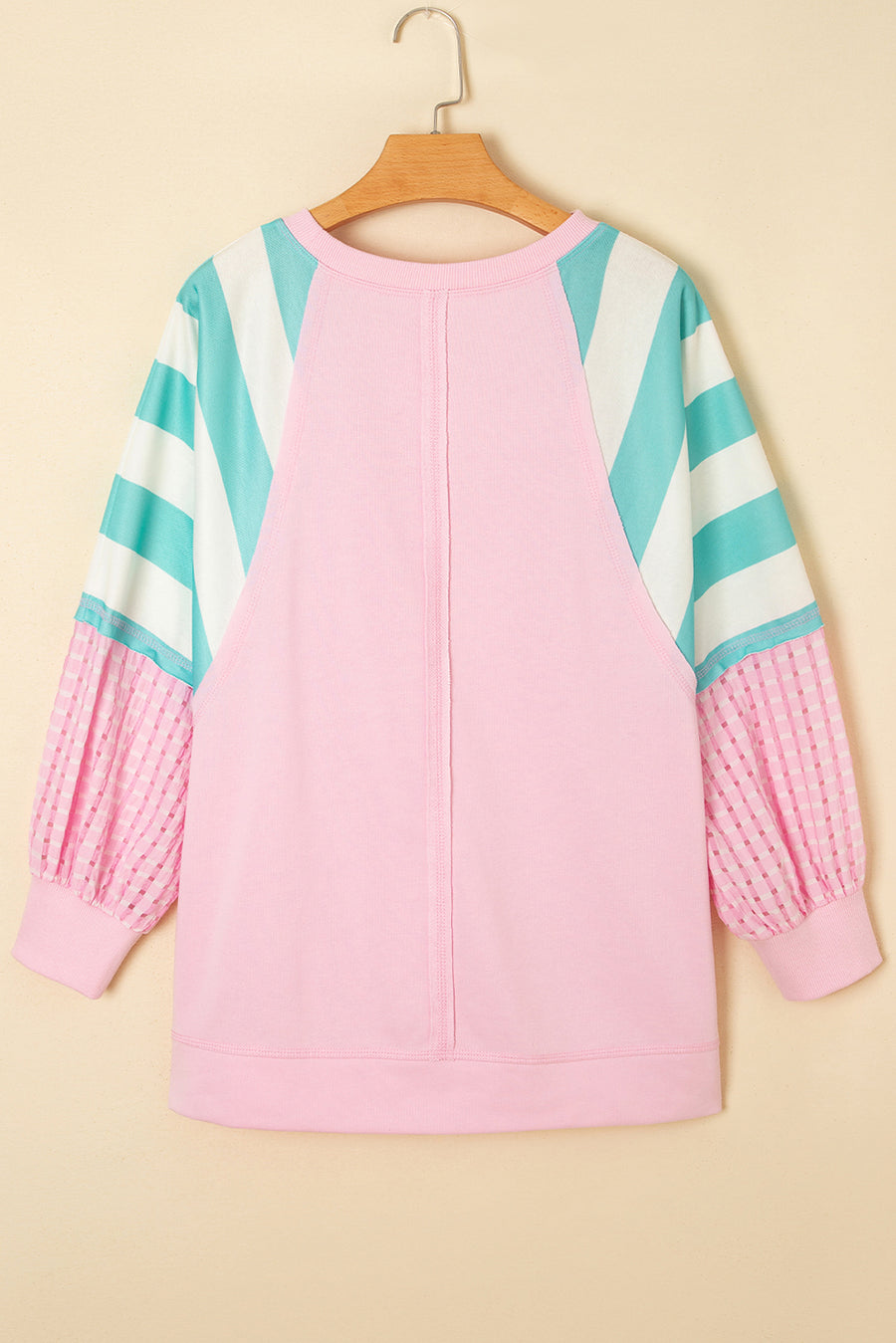 Light Pink Striped Color Block Patchwork Raglan Sleeve Top