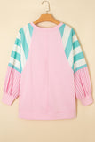 Light Pink Striped Color Block Patchwork Raglan Sleeve Top