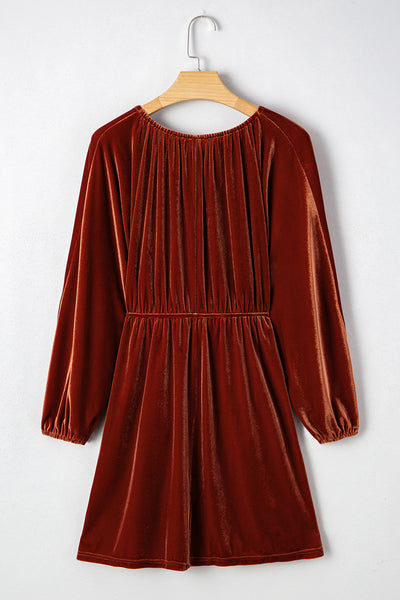 Clay Elastic V Neck Puff Sleeve Flowy Velvet Dress