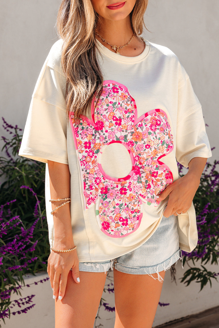 Pink Floral Patched Exposed Seam Oversized T-Shirt- 2 Colors
