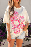 Pink Floral Patched Exposed Seam Oversized T-Shirt- 2 Colors