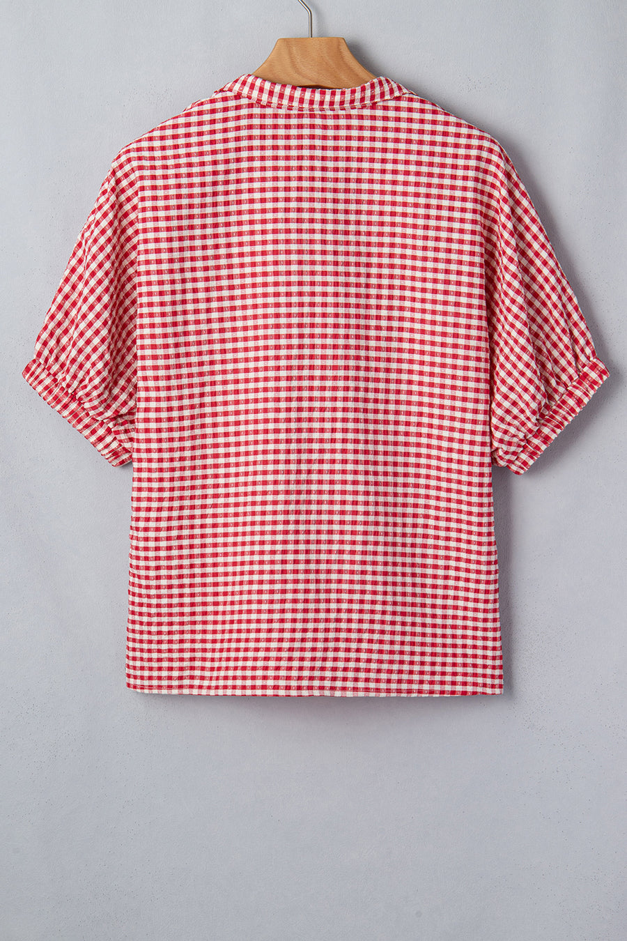 Gingham Short Sleeve Color Block Trim Split Neck Blouse- 2 Colors