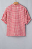 Gingham Short Sleeve Color Block Trim Split Neck Blouse- 2 Colors