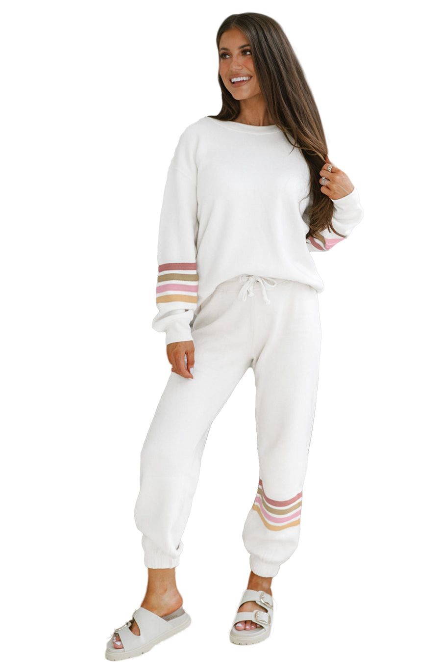 Cream Striped Drop Shoulder Sweateshirt and Joggers Outfit Set