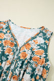 Green and Orange Floral Print V-Neck Sleeveless Midi Dress