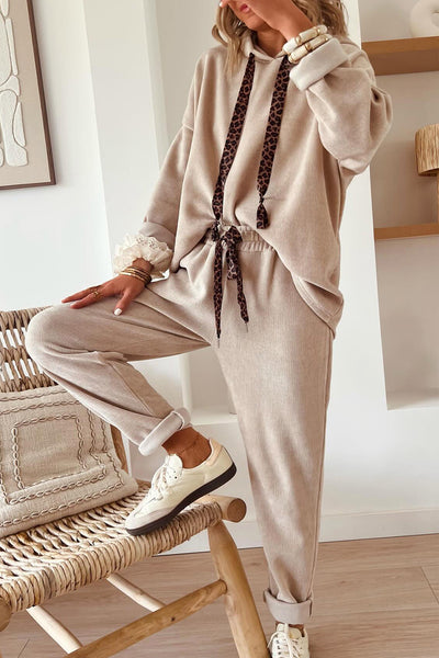 Dark Khaki Drawstring Pullover Hoodie and High Waist Pants Corduroy Suit