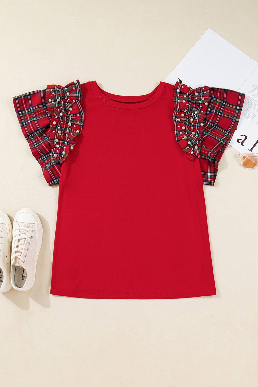 Plus Size Racing Red Plaid Pearl Ruffled Sleeve Knit Holiday Top