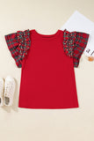 Plus Size Racing Red Plaid Pearl Ruffled Sleeve Knit Holiday Top