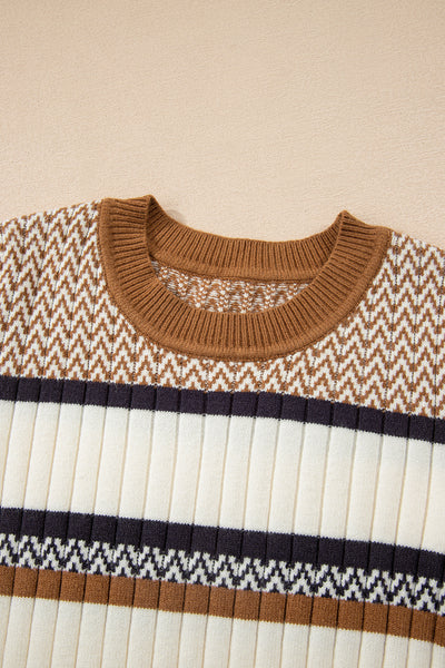 Brown Stripe Chevron Pattern Knitted Ribbed Trim Slim Fit Sweater