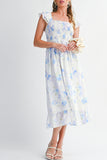 Blue Floral Smocked High Waist Ruffle Sleeveless Midi Dress