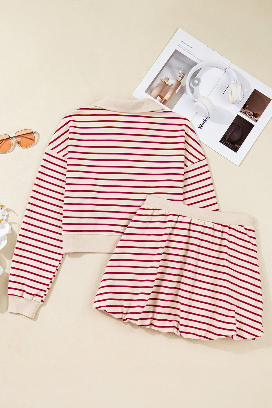 Red Stripe Cropped Collared Sweatshirt and Bubble Mini Skirt Set