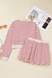 Red Stripe Cropped Collared Sweatshirt and Bubble Mini Skirt Set