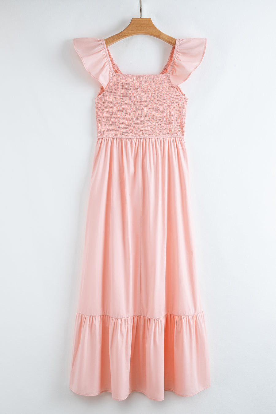 V-Neck Flutter Sleeve Smocked Bodice High Waist Ruffle Maxi Dress with Pockets- 2 Colors