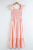 V-Neck Flutter Sleeve Smocked Bodice High Waist Ruffle Maxi Dress with Pockets- 2 Colors