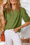 V-Neck Short Sleeve Eyelet Button-Up Blouse- 3 Colors