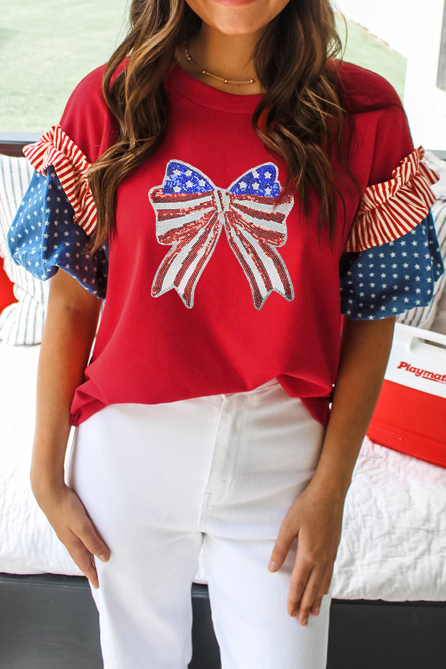 Red American Sequin Bow Contrast Puff Sleeve Blouse