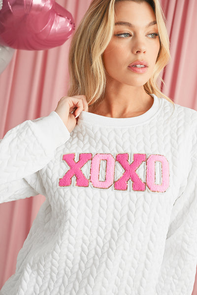 White Chenille Letter Patch Quilted Sweatshirt- 2 Styles