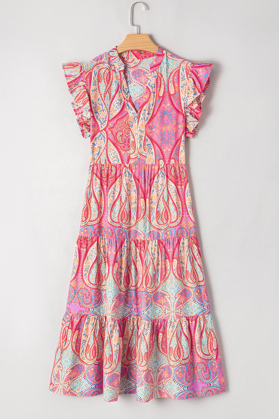 Pink Multi Floral Paisley Ruffle Sleeve Notch Neck Midi Dress