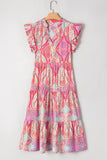 Pink Multi Floral Paisley Ruffle Sleeve Notch Neck Midi Dress