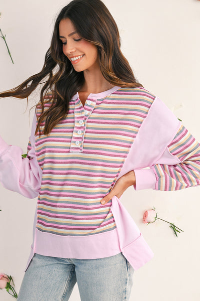 Pink Striped Patchwork Henley Sweatshirt