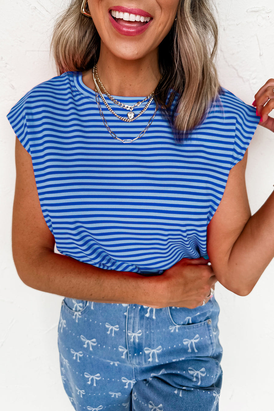 Striped Ribbed Cap Sleeve Crew Neck T-Shirt- 2 Colors