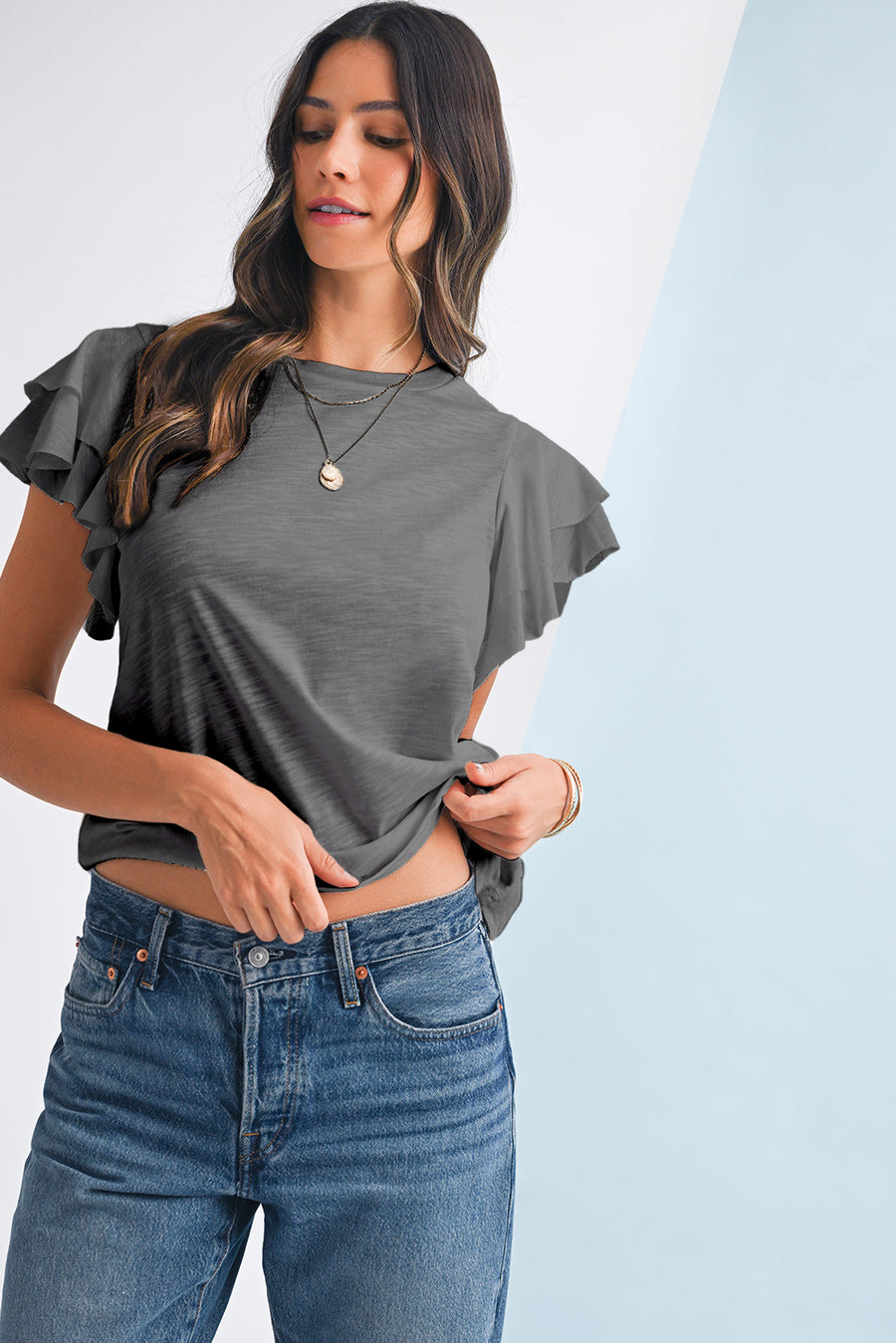 Dark Grey Ruffled Short Sleeve T-Shirt