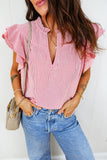 Red Striped Frilled V-Neck Double Ruffled Short Sleeve Blouse