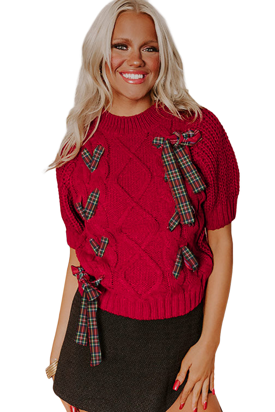 Plaid Lace-Up Puff Short Sleeve Sweater- 2 Colors