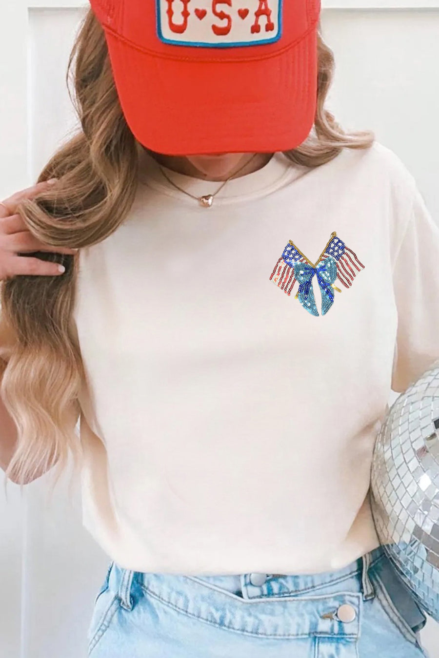 White American Coquette Flag Sequin Graphic T-Shirt