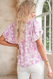 Pink Floral Ruffle Short Sleeve Frill Tie V-Neck Blouse