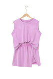 Yellow Cream Solid Color Washed Sleeveless Top Split Skort Cotton 2pcs Outfit