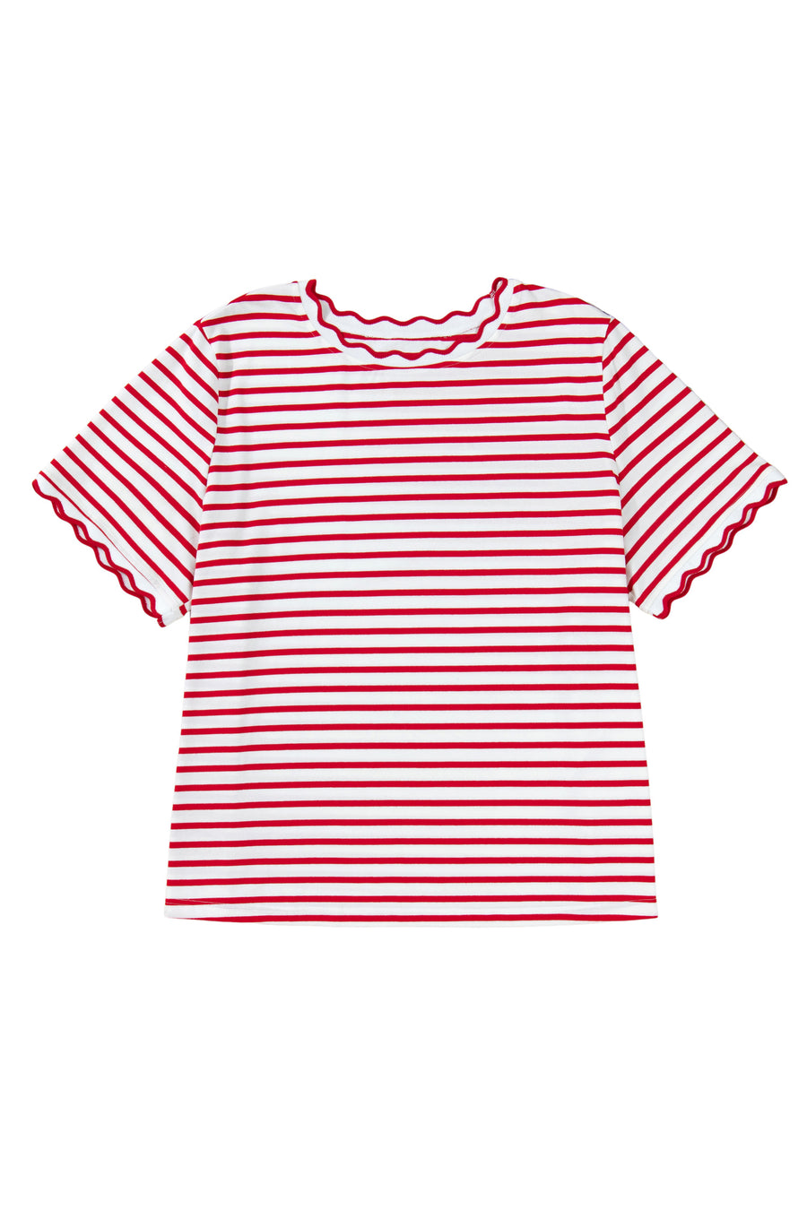 Plus Size Red Striped Scalloped Trim Crew Neck Short Sleeve T-Shirt