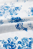 Blue Multi and White Floral Print Smocked Tie Strap Sleeveless Midi Dress