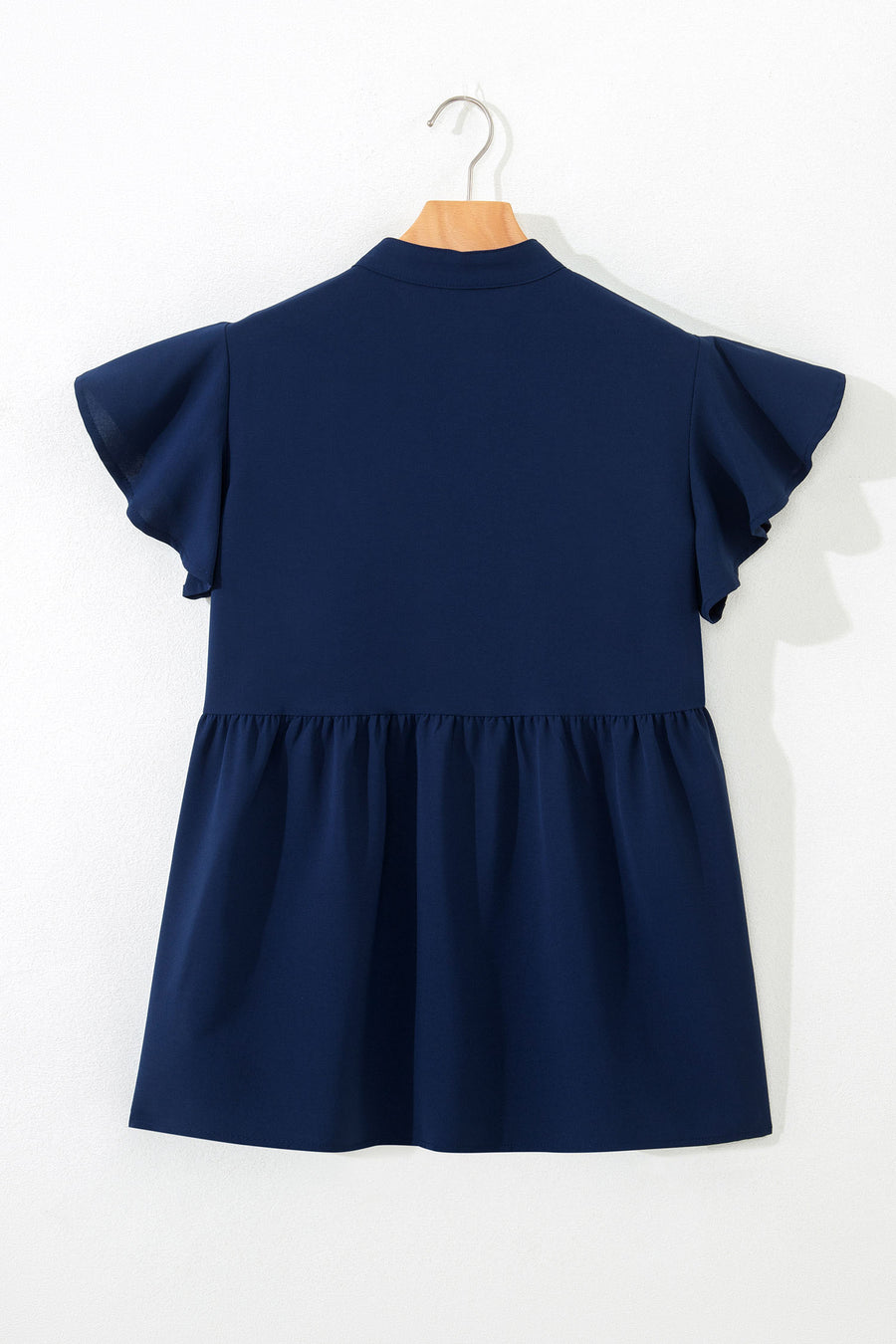 Navy Blue V-Neck Ruffled Sleeve Floral Embroidered Babydoll Blouse