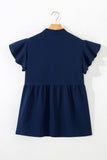 Navy Blue V-Neck Ruffled Sleeve Floral Embroidered Babydoll Blouse
