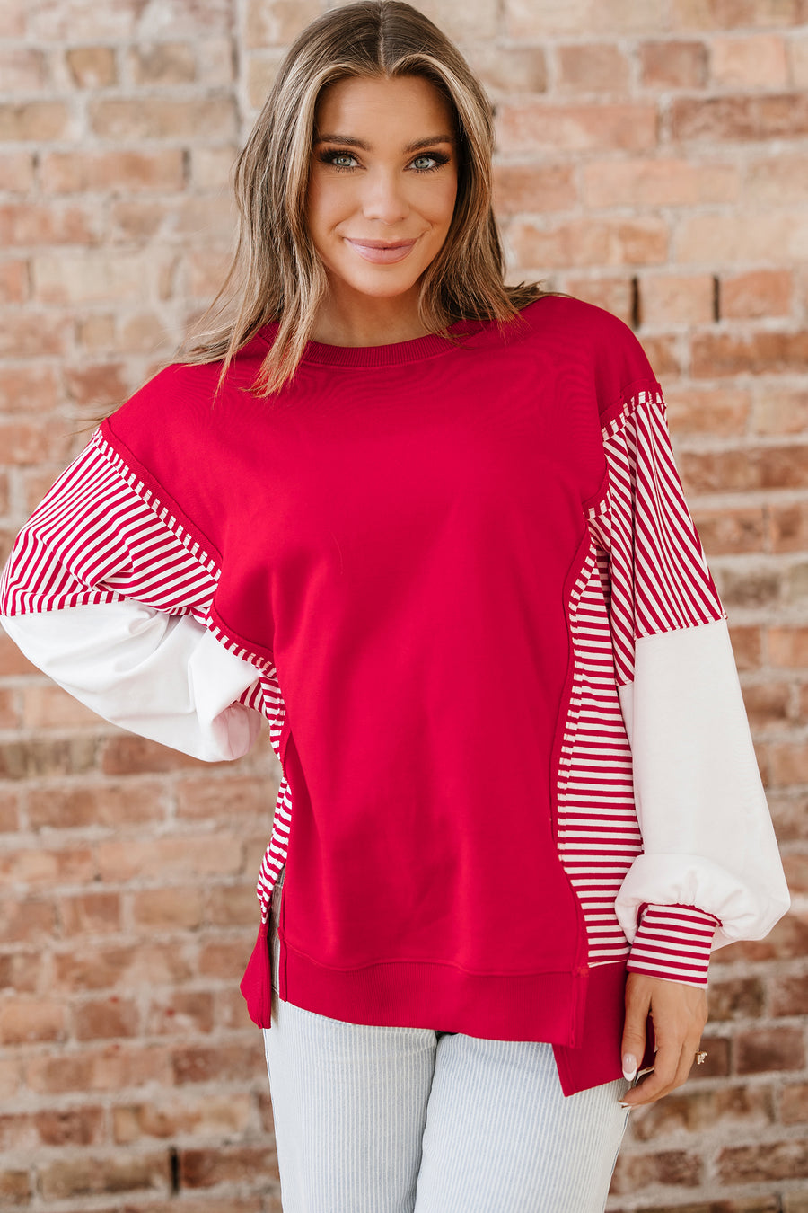Striped Patchwork Sleeve Colorblock Sweatshirt- 3 Colors