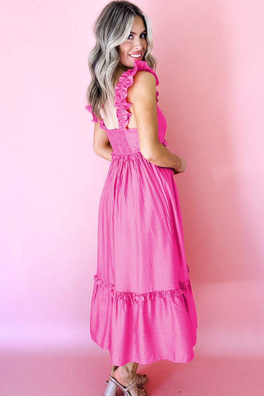 Solid Color Ruffle Trim High Waist Sleeveless Maxi Dress A- 2 Colors