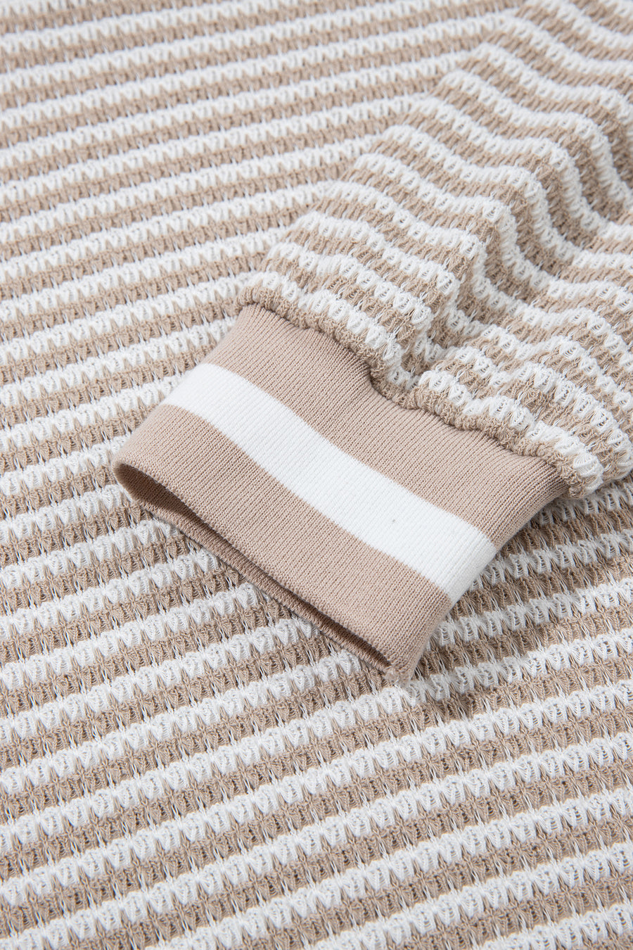 Beige Striped Waffle Knit V-Neck Sweater